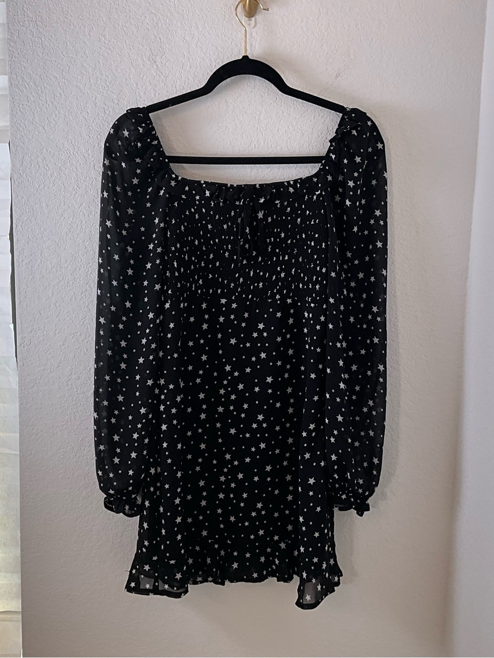 Altar'd State Black Star-Print Long Sleeve Mini Dress smock bodice fairycore S